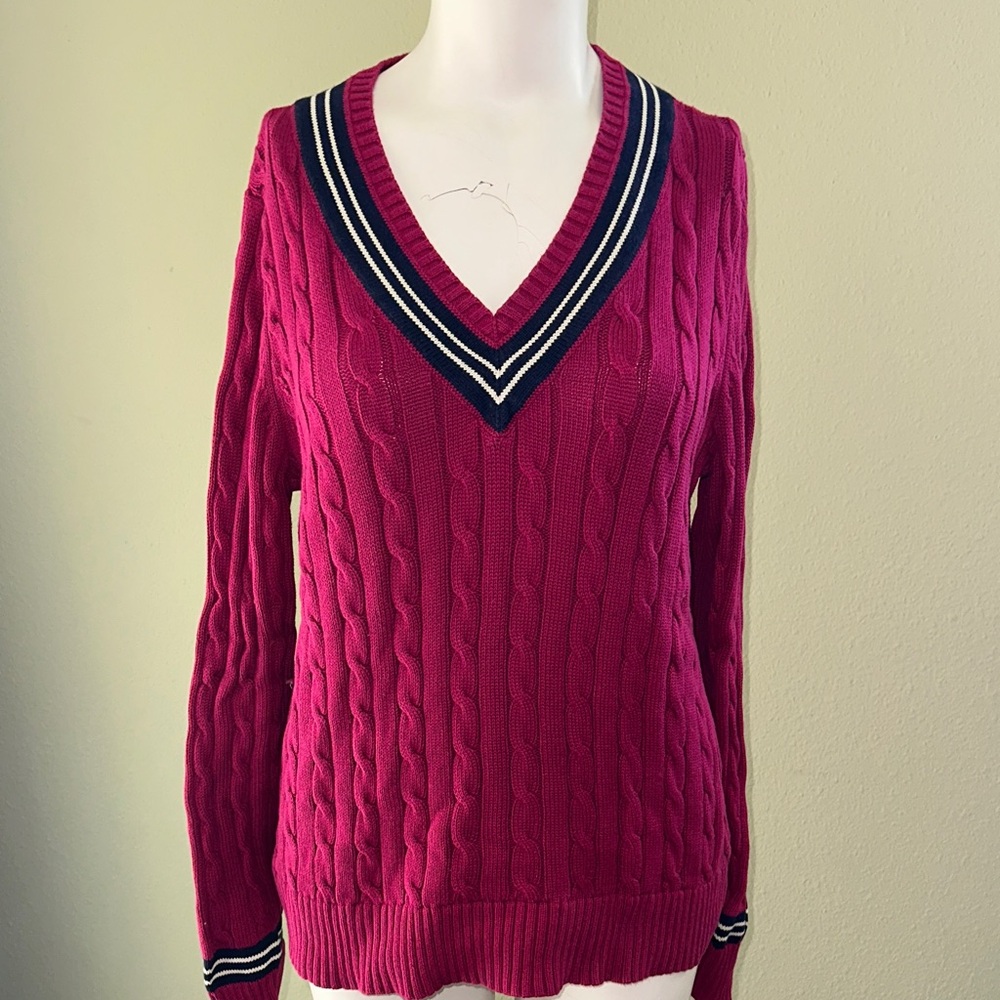 Ralph Lauren V-Neck Cable Knit Sweater - Fuchsia